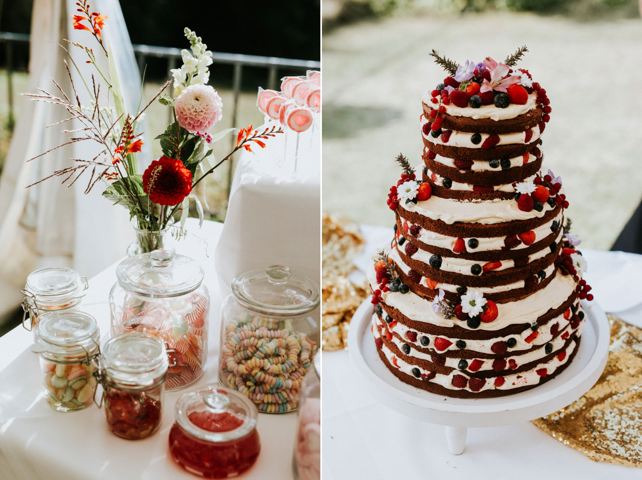 Eine Hochzeitstorte und ein Blumenbouquet bei einer Hochzeit