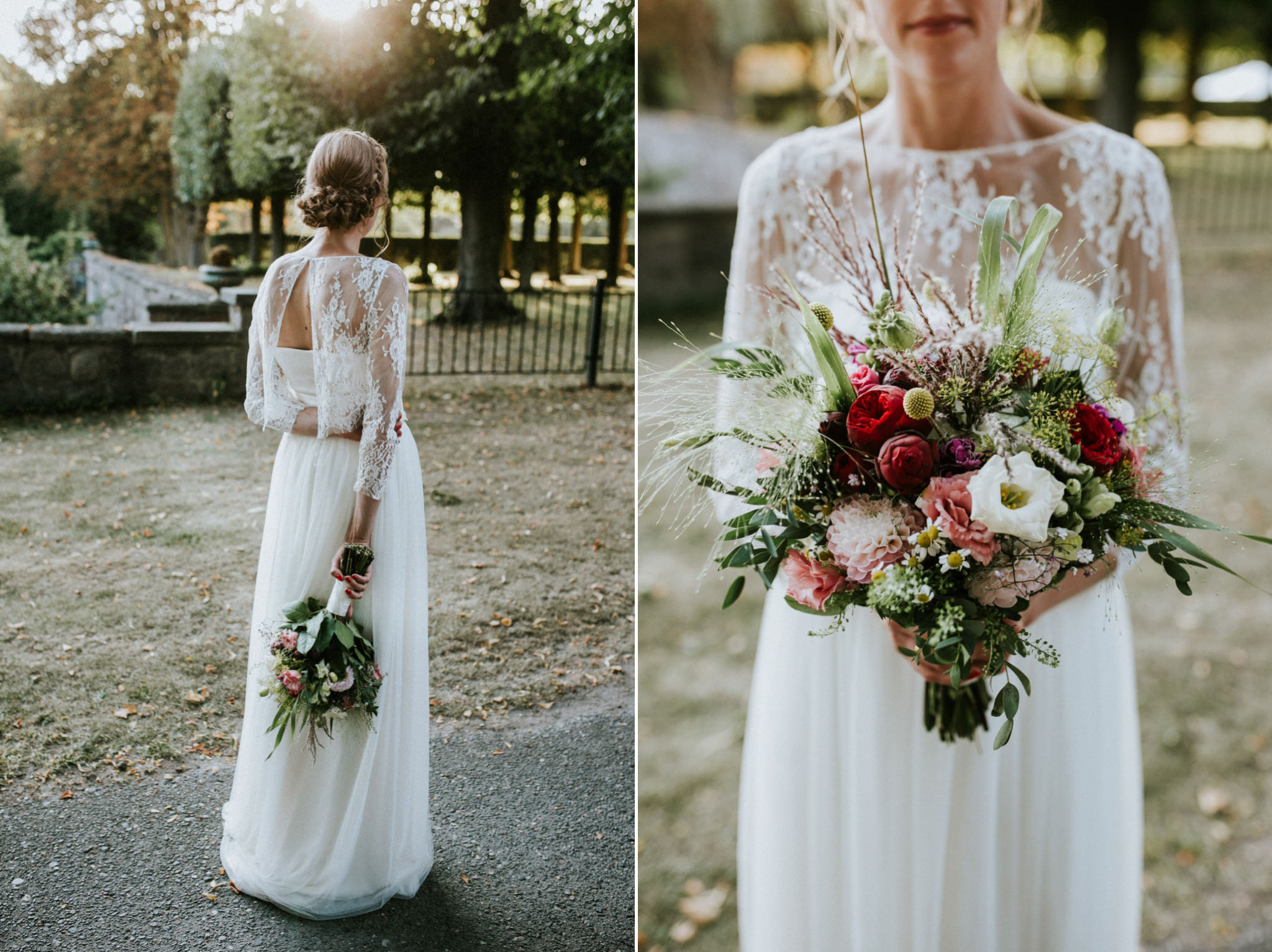 Braut in einem tollen Hochzeitskleid mit einem Strauß in der Hand